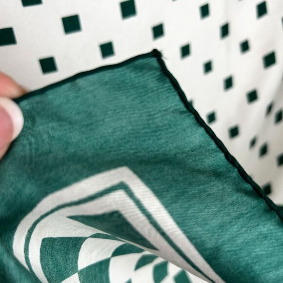 Green Ivory Checkerboard SILK Square Scarf Hand Rolled Edges - Picture 6 of 6